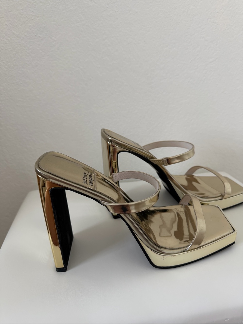 Jeffrey Campbell Metallic Gold Square-Toe High Heel Slides - Picture 3 of 5